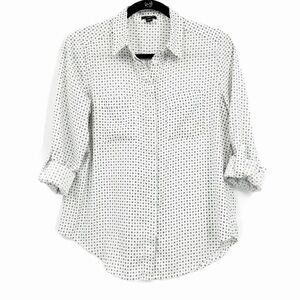 Ann Taylor White & Black Floral Dot Button Down Blouse Medium Petite